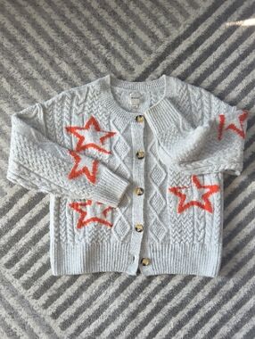 Maeve Light Gray Cardigan Sweater with Red Star Accents